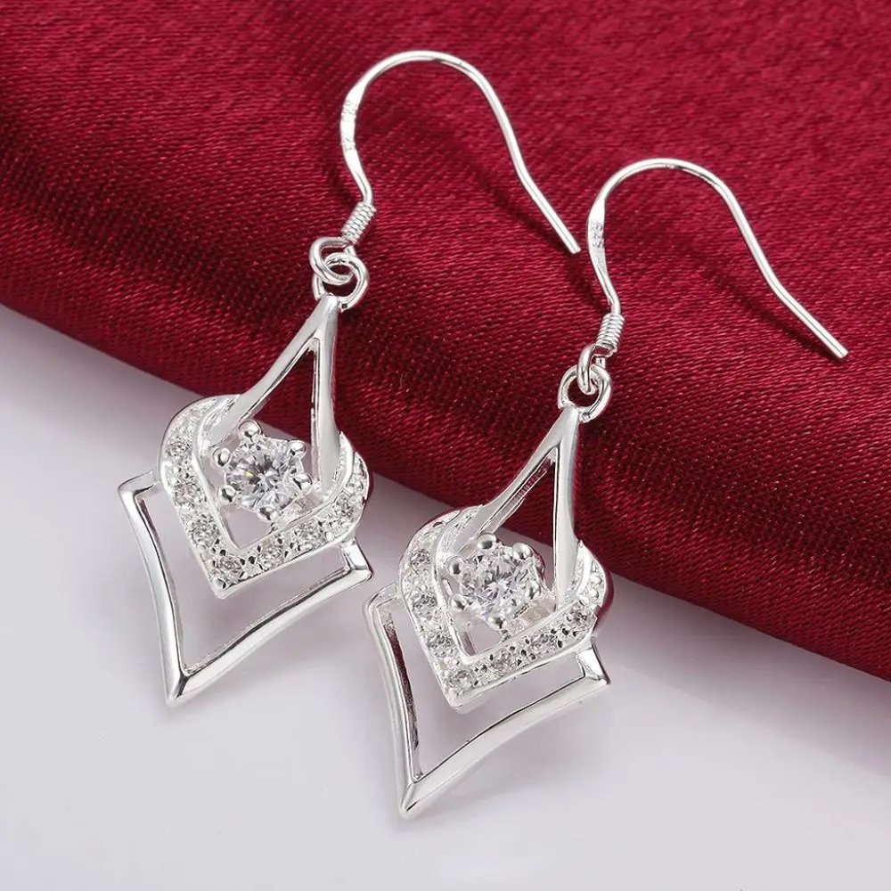 Cute Sterling Silver Small Point & Hear Drop Earrings CZ Stud " Hypoallergenic " - Picture 8 of 8